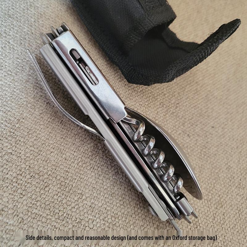 Portable Multifunctional Stainless Steel Folding Cutlery Set with Fork, Spoon, Knife, & Bottle Opener