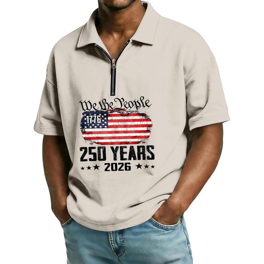 Men's Casual Loose American Independence Day Printed T-shirt Lapel Short Sleeve Daily Tops