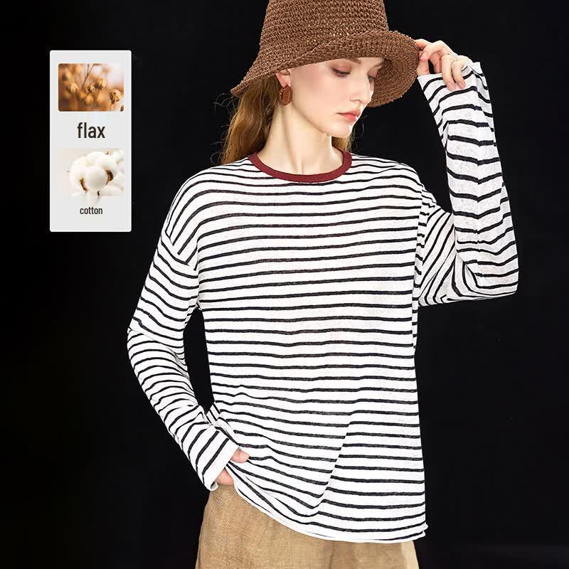 Women s Linen Blend Striped Casual Top One Size