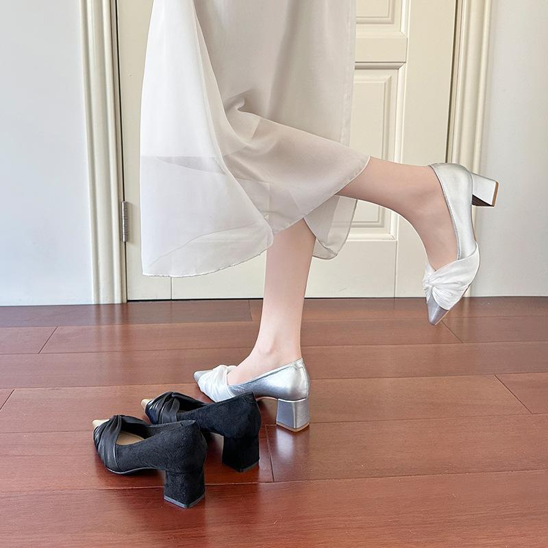 Beautiful High Heels New Silver Pointed Head Light Mouth Thick Heel with Skirt Single Shoes Women