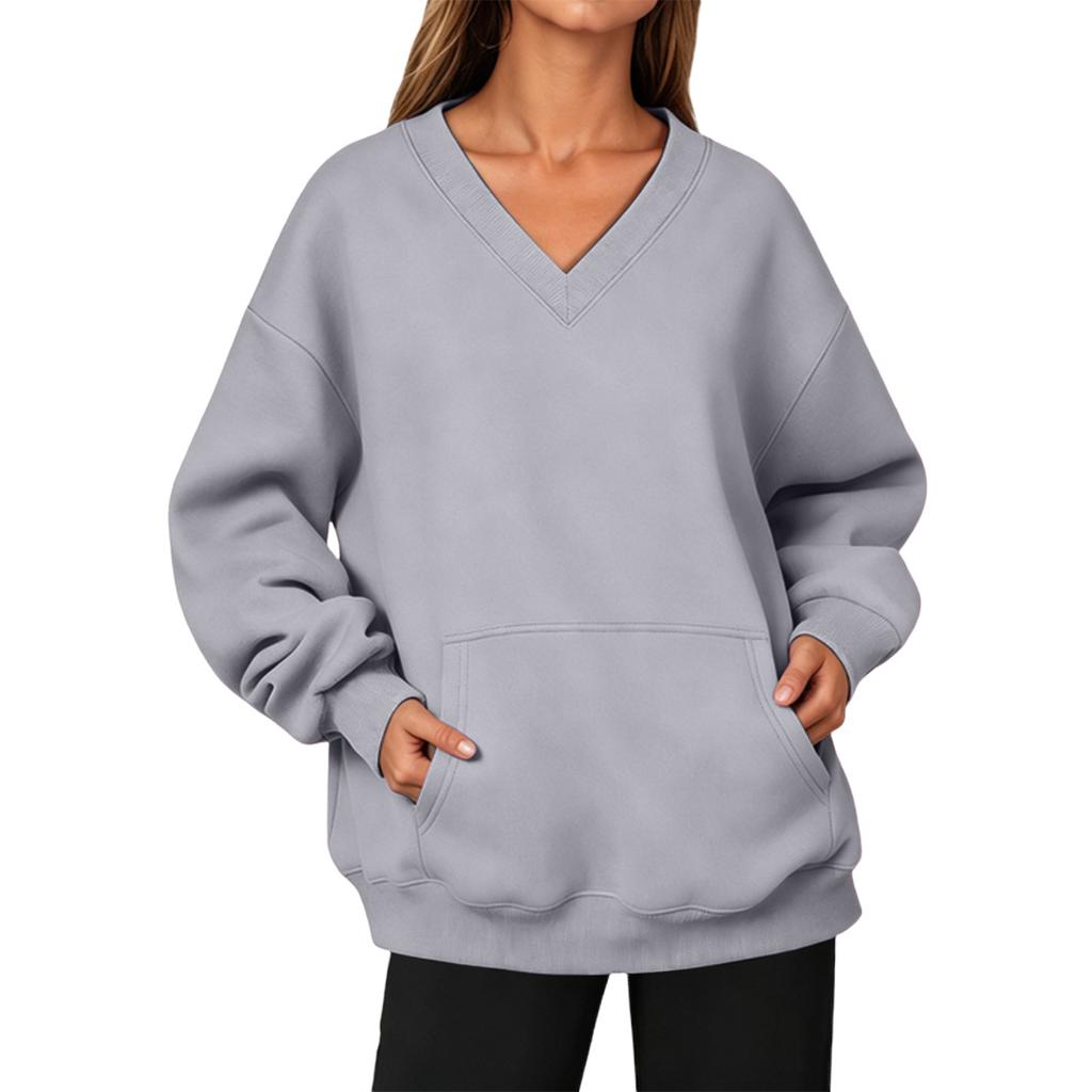 Women’s V Neck Long Pullover Sweatshirt with Pocket Loose Fit Casual Long Sleeve Top for Autumn and Winter