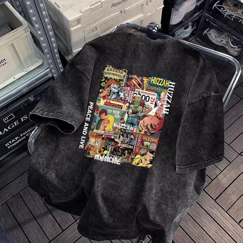 

HUZZAH Retro Poster American Heavyweight Short Sleeve Unisex Summer Loose Half Sleeve Men s T-Shirt Couple M сірий колір