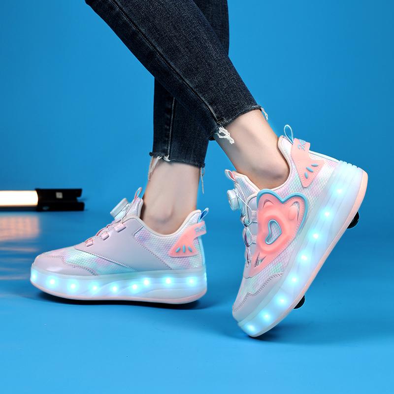 Childrens Skate Shoes USB Light Comfortable Roller-skating Sneakers Outdoor Sports Walking Girls Pink Roller Skate Shoes for Kid