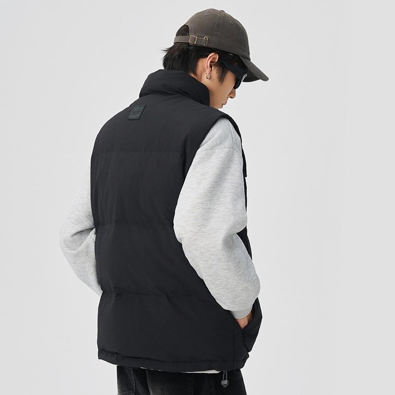 Unisex Japanese Style Workwear Puffer Vest With Multiple Pockets Stand Collar Winter Warm Thick Casual Sleeveless Jacket