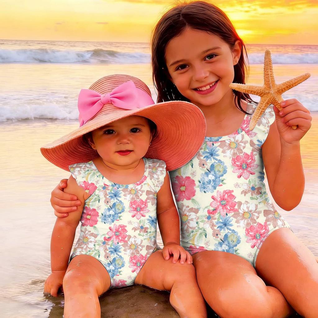 Girls One Piece Swimsuit Floral Print Sleeveless Ruffle Shoulder Design Lightweight Comfortable Fabric Suitable for Summer Beach Pool Swimwear