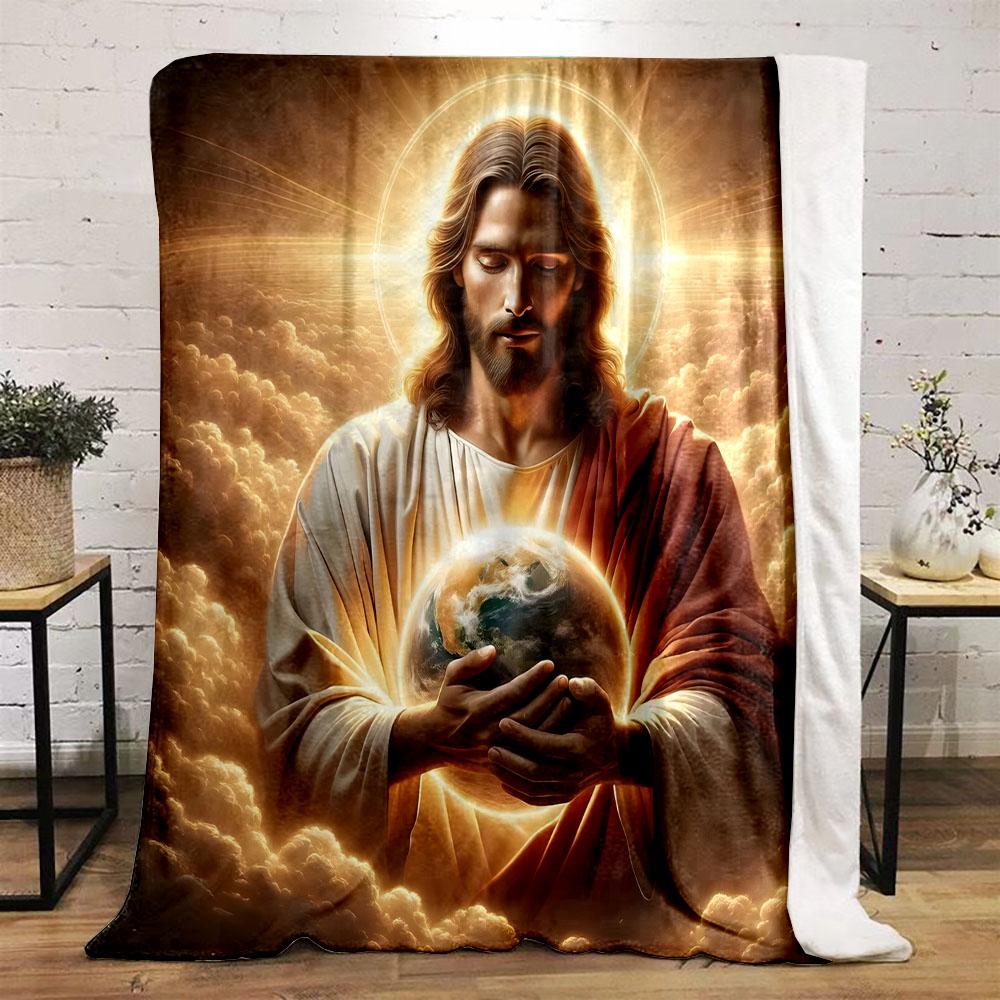 "Divine Figure Holding Earth in Light" Patterned flannel blanket perfect for the bedroom living room, sofa, or a little nap