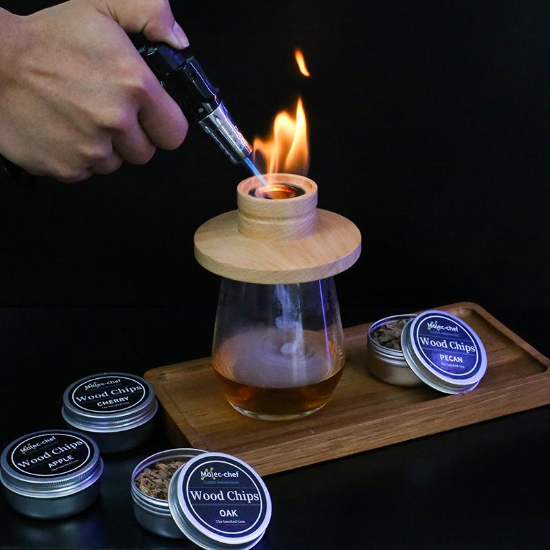 Popular Cocktail Smoker Set: Wooden Smoker, Wood Chips, Bartending Tools, and Ice Cubes