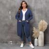 Damen Übergröße Locker Mittellang Laternenärmel V-Ausschnitt Doppeltasche Strick Cardigan Pullover
