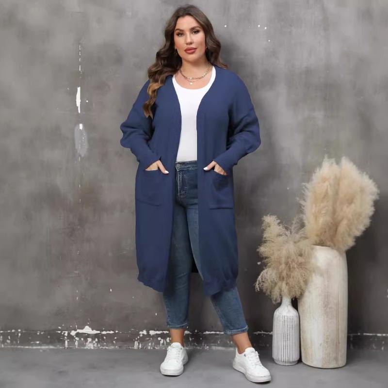 Damen Übergröße Locker Mittellang Laternenärmel V-Ausschnitt Doppeltasche Strick Cardigan Pullover