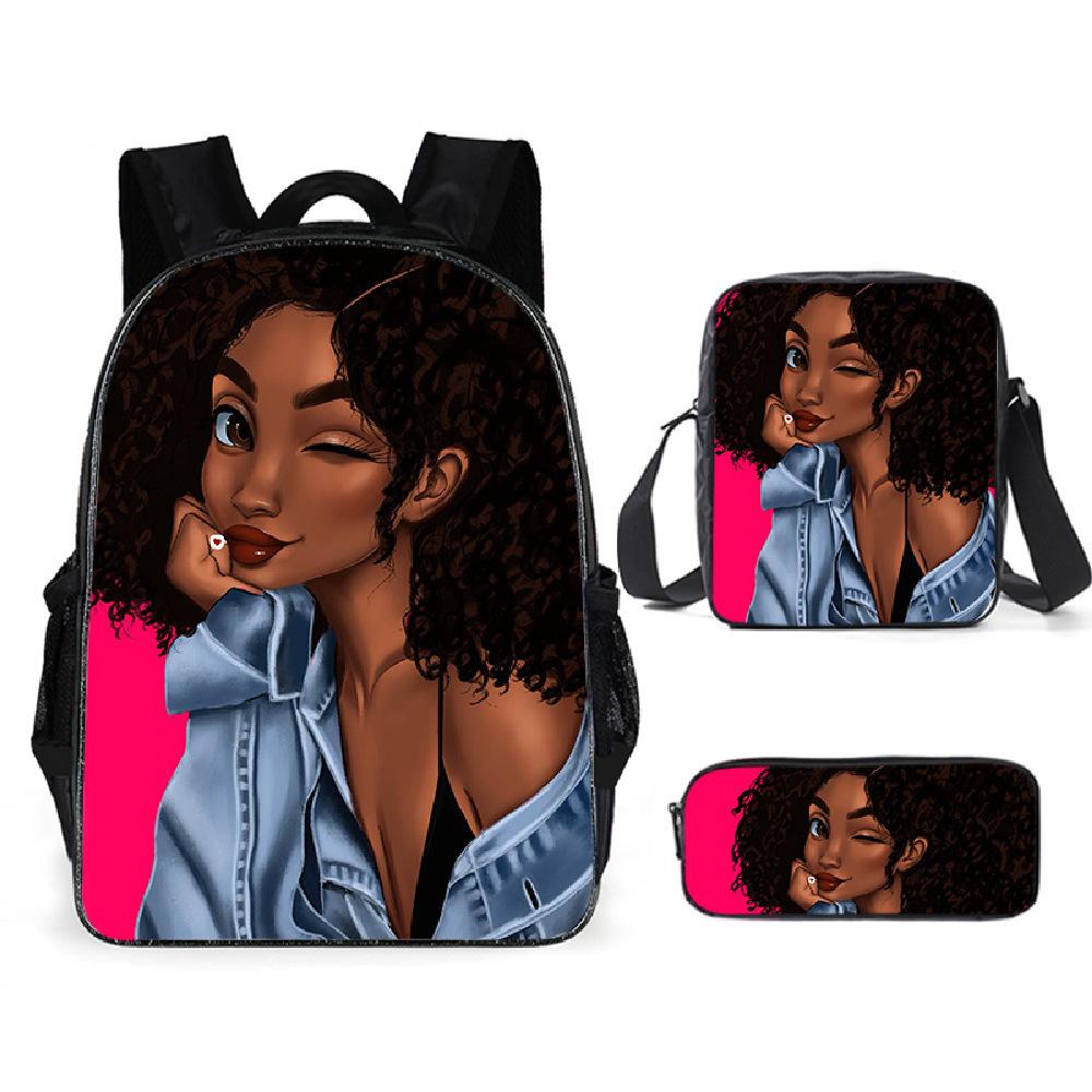 Cartoon African Girl Schoolbag, Primary And Secondary School Backpack, Backpack Three-Piece Set