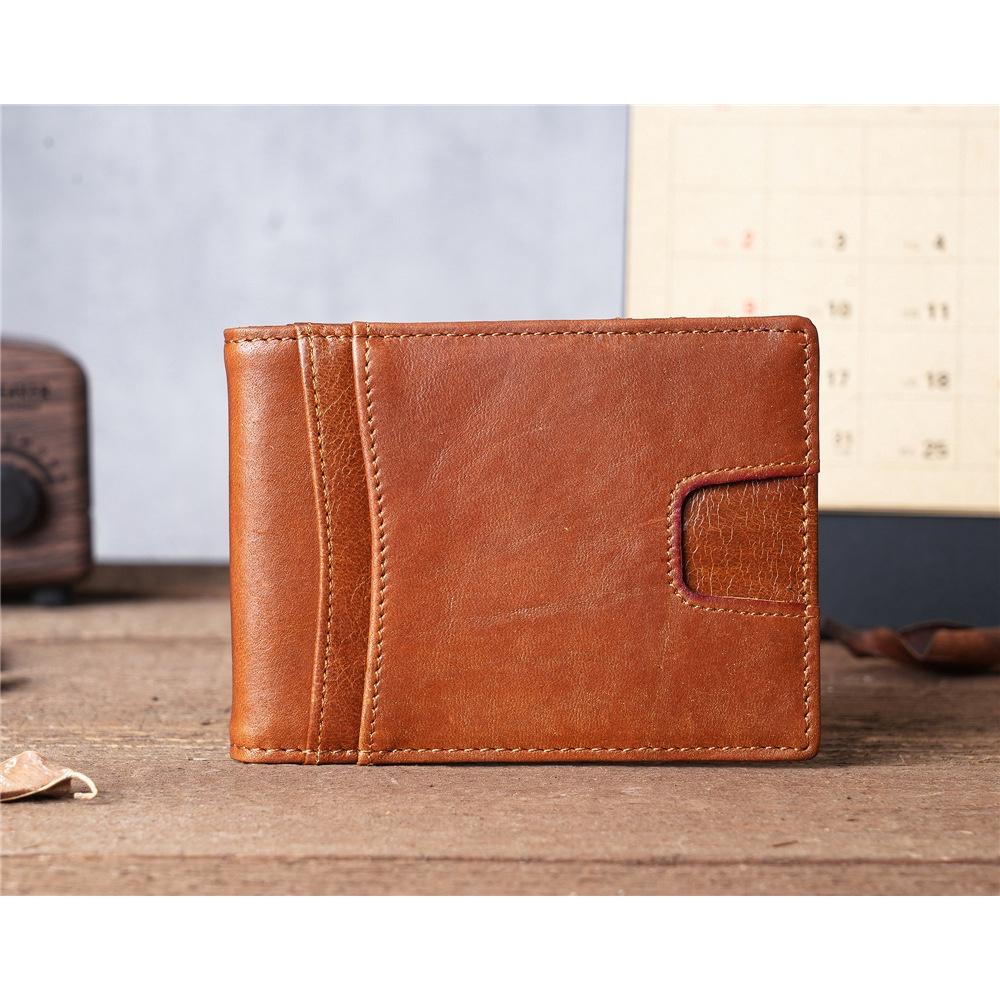 Genuine Cowhide Leather Men's Short Wallet Vintage Slim Card Holder with Money Dollar Cash Clip Classic Leather Credit Card Holder for Men Daily Use