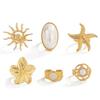 SHIXIN 6Pcs/Set Trendy Sun Flower Starfish Open Rings Women Vintage Imitation Pearl Ring Summer Beach Party Wedding Jewelry Gift