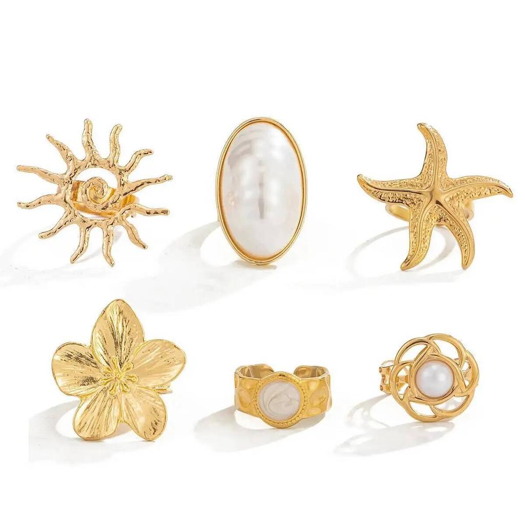 SHIXIN 6Pcs/Set Trendy Sun Flower Starfish Open Rings Women Vintage Imitation Pearl Ring Summer Beach Party Wedding Jewelry Gift