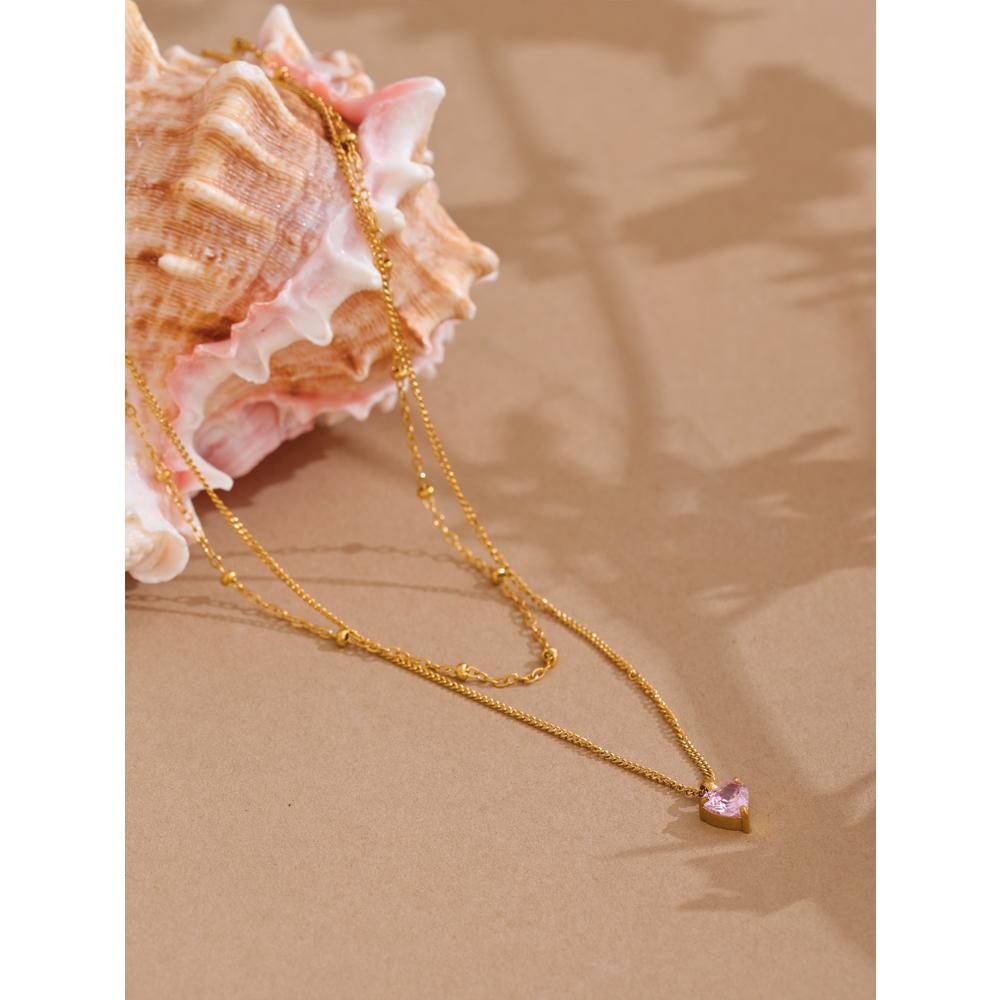 Yhpup Chic Stainless Steel Double-Layer Stacking Chain Pink Zircon Heart Pendant Necklace Delicate Style High-Grade Jewelry