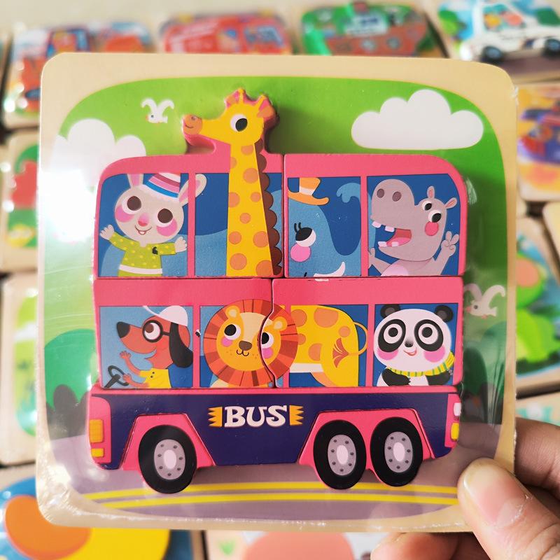 3D Wooden Puzzles Hand Grab Boards Toys Tangram Jigsaw Baby Educational Toys Cartoon Vehicle Animals Puzzles Gify for Toddler