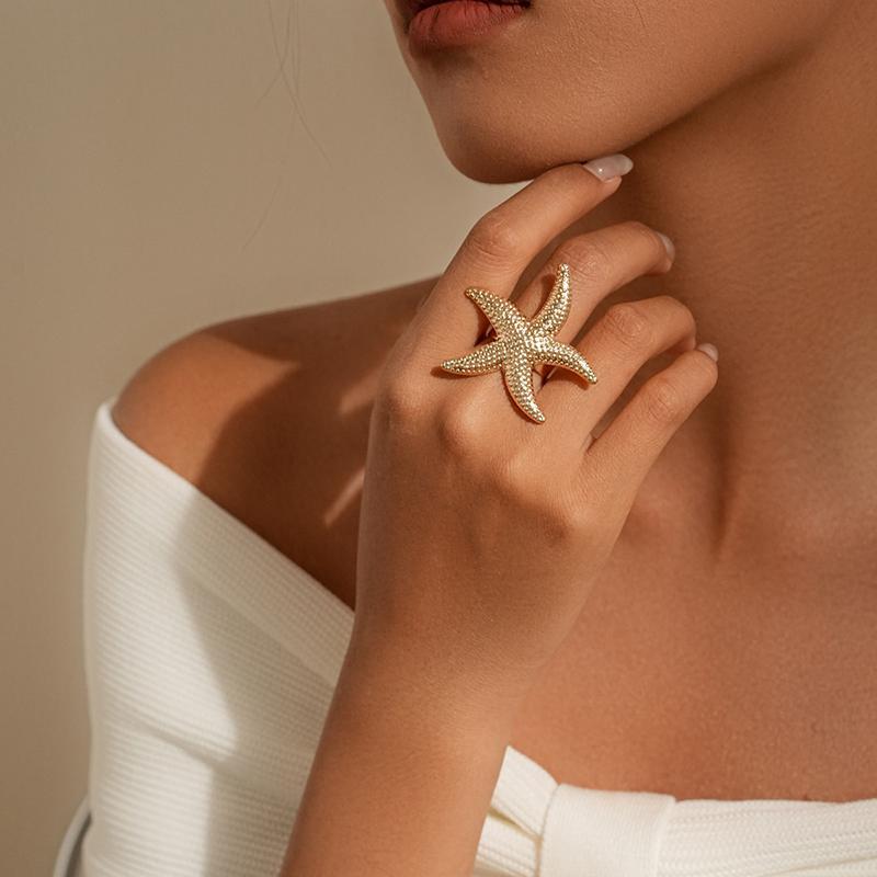 S Metal Pearl Flower Leaves Open Rings For Women Exaggerated Gold Color Starfish Punk Finger Rings Beach Style Jewelry Gifts