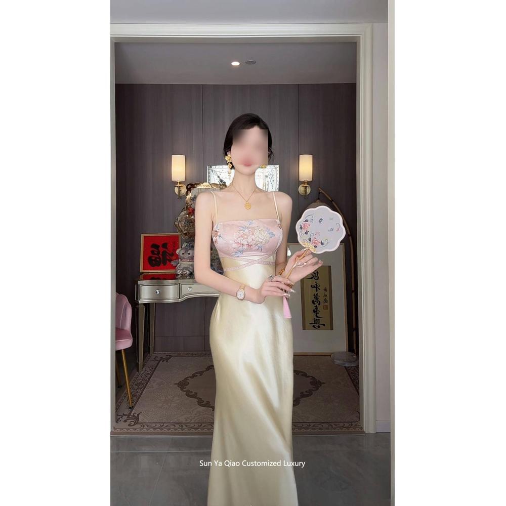 Summer double version new Chinese style jacquard embroidery suspender casual temperament high-end jumpsuit cheongsam long skirt