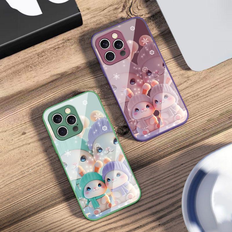 Cute Pink Twin Rabbits For iPhone 16 E 15 14 13 Plus 12 Mini 11 Pro Max XR Xs Max X 7 8 6 6S 2022 Tempered Glass Phone Case
