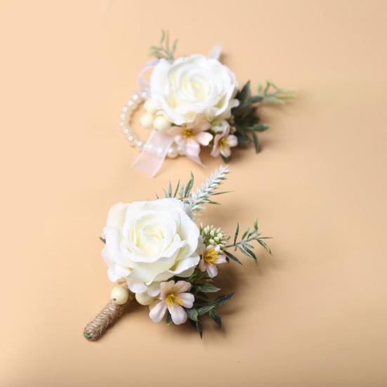 Europäisches Weißes Rosen-Anstecker & Handgelenk-Gesteck Set, Künstliche Seidenblume für Bräutigam Braut Brautjungfer, Outdoor-Hochzeitsfeier Dekoration