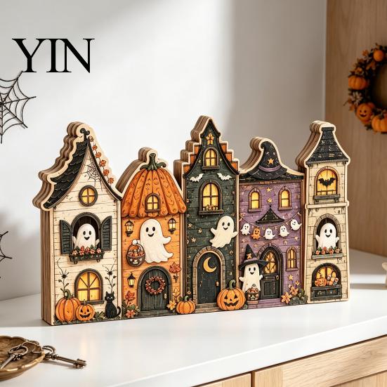 Rustikální podzimní středové dekorace stolu Halloween Retro strašidelná vesnice Dřevěná dekorace na stolní desku, Podzimní statek Čarodějnice Americký venkovský styl Figurky