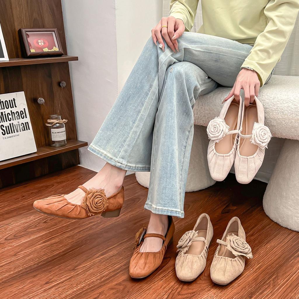 Yuanlitong autumn new camellia temperament single shoes women's retro style wrinkle sense word with soft sole flat shoes