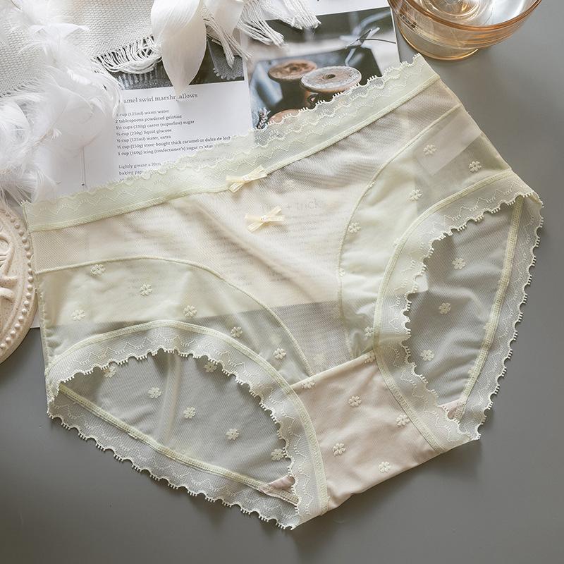 Mesh Lace Thin and Semi-transparent Panties with Double Bowknots and Small Flowers, Pure Desire and Seductive Triangle Women’s Panties