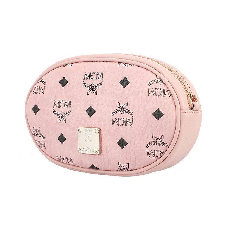 MCM Pink Visetos Leather Oval Crossbody Camera Bag with Silver Hardware for Daily Use