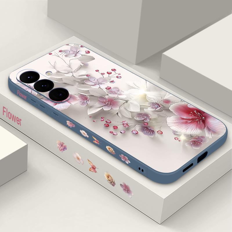 Soft TPU Case For Samsung Galaxy S25 S24 S21 FE S24 S22 S23 Ultra S22 Plus S25 Edge Pink Flowers Patterned Lanyard Phone Cover