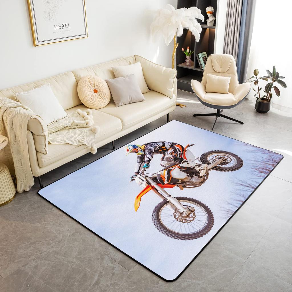 Teen Dirt Bike Area Rug for Living Room Motocross Rider Floor Mat Motorbike Extreme Sport Carpet Snow Mountain Landscape Doormat