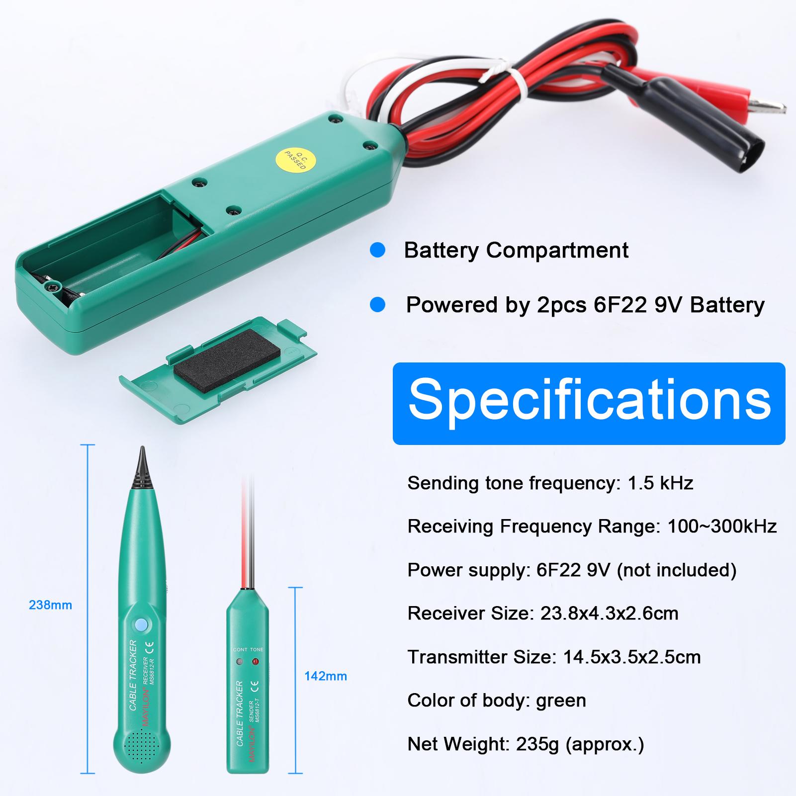 

MAYILON MS6812 Портативный телефонный трассировщик проводов 100 Гц ~ 300 кГц Диапазоны частот приема UTP Инструмент LAN темно-зеленого