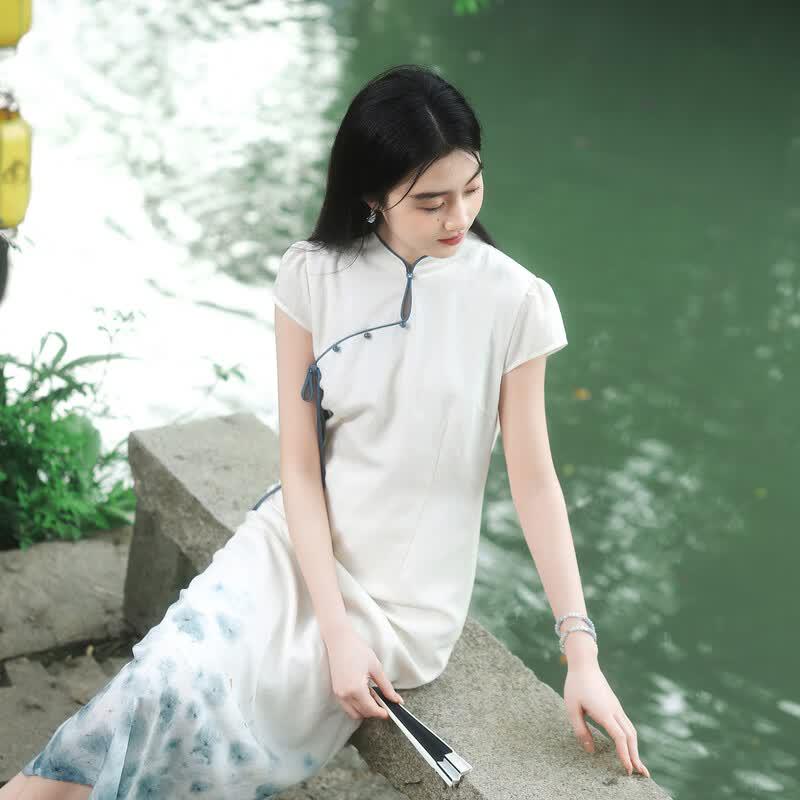Sancai New Chinese Style Printed Slit Maxi Dress