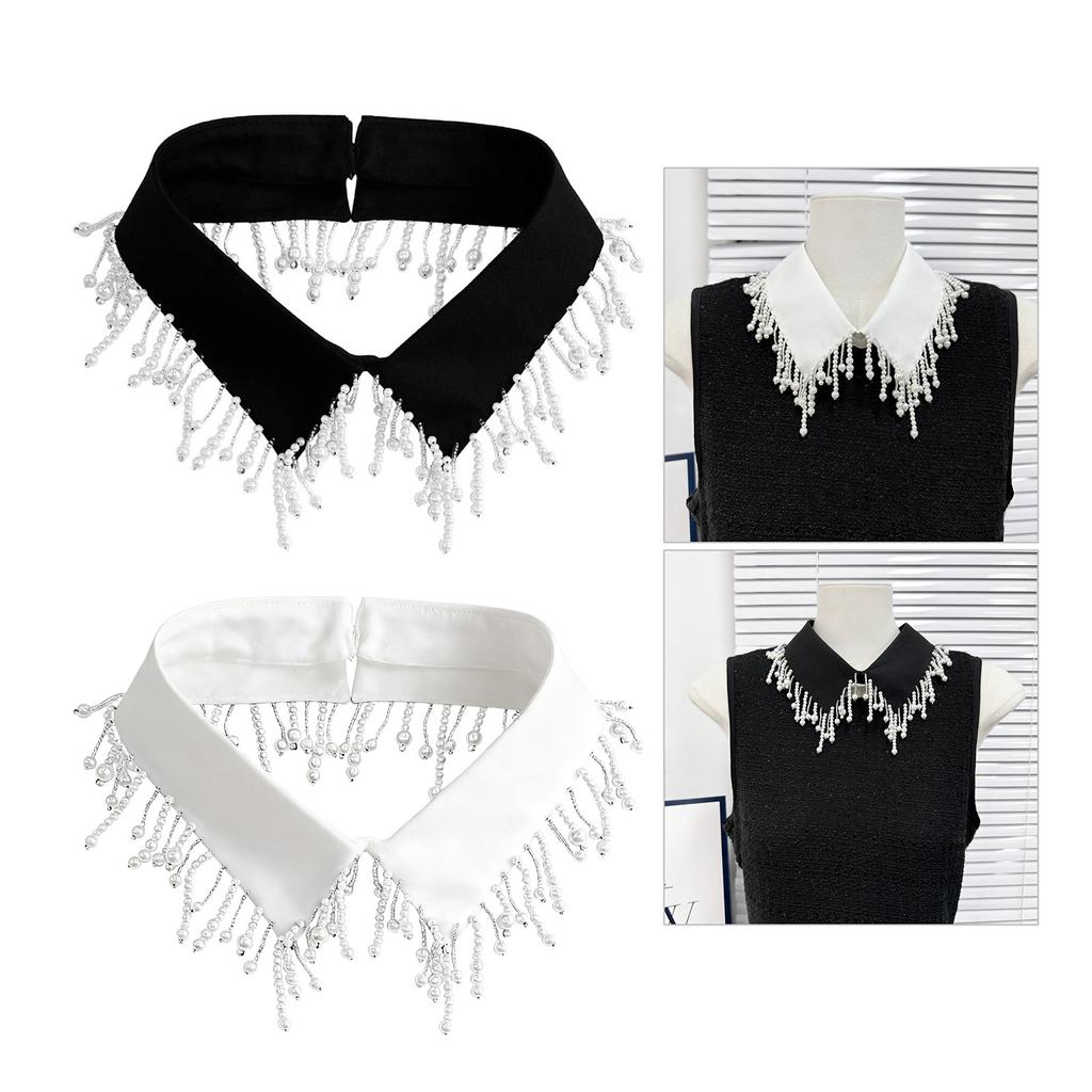 Elegant Pearls Beaded Tassels Trim Detachable Faux Collar Enhances Clothing Layers for Women Jewelry Bib Choker Neckalce