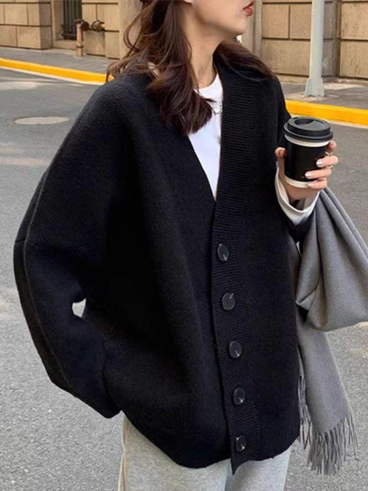 2025 Black Mid-Length Wool Knit Cardigan for Women - High-End Autumn/Winter Outerwear