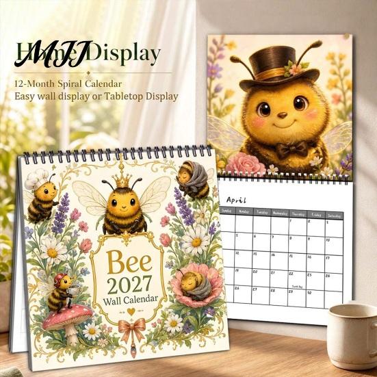 Bee Themed Desk Calendar 2027 Desktop Calendar, Spiral Binding And Thickened Professional Time Management Tool Paper Planner, Decorative Monthly