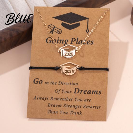 Graduation Cap Pendant Necklace 2025 Jewelry Set Stainless Steel Bracelet