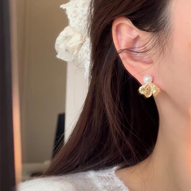 18K real gold electroplated silver needle bow zircon pearl stud earrings exquisite versatile earrings design sense niche earrings