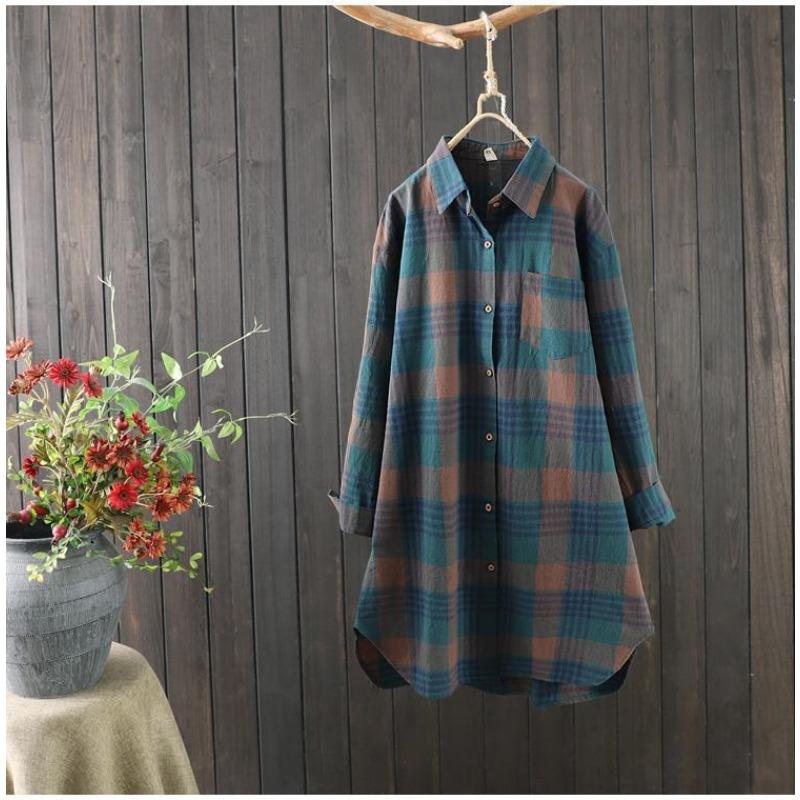 Jarní a podzimní ležérní kostkovaná košile Dámská středně dlouhá volná košile Dlouhý rukáv Top Dámský