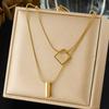 DIEYURO 316L Stainless Steel Golden Square Cylinder Geometry Pendant Necklace Lady Double-layer Neck Chain Minimalist Jewelry