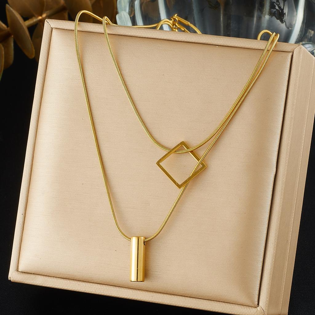 DIEYURO 316L Stainless Steel Golden Square Cylinder Geometry Pendant Necklace Lady Double-layer Neck Chain Minimalist Jewelry