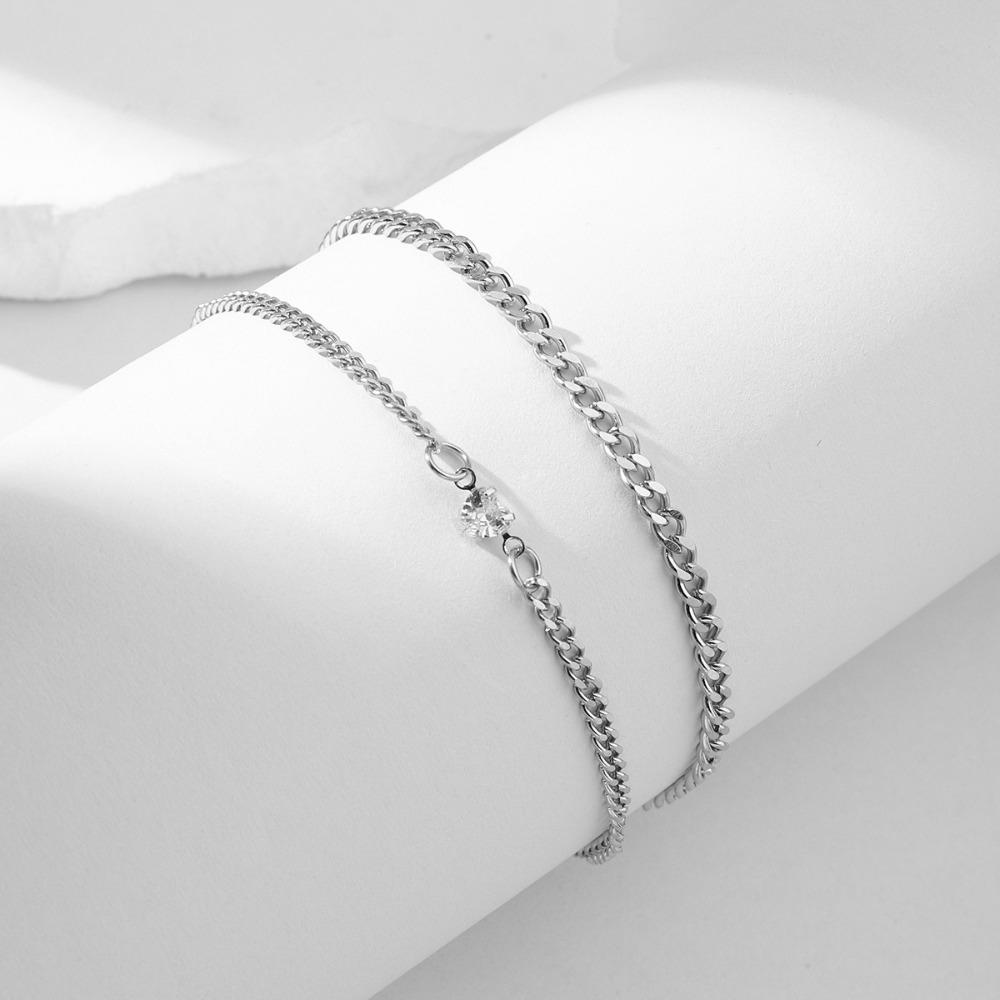 2pcs Set Exquisite Stainless Steel Claw-set Zircon Heart Shape Cuban Chain Couples Bracelets for Men Women Friends Jewelry Sets