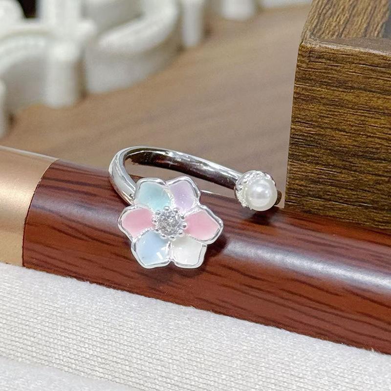 Small Fresh Enamel Ice Blue Flower Opening Ring Super Fairy Diamond Stacked Wearing Personality Sweet Super Fairy Ring Woman Adjustable opening