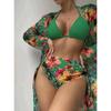 European and American Sexy Bikini Three-Piece Printed Mesh Blouse Swimsuit