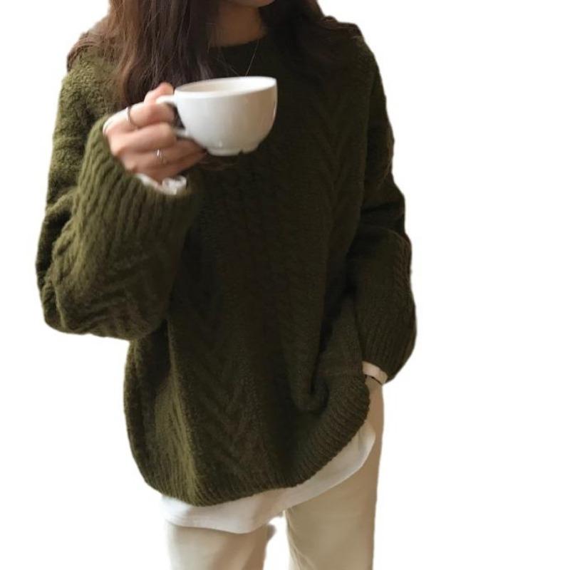 Solid color twist soft waxy pullover sweater women's autumn and winter new fashion loose lazy wind crew neck knitted sweater thick