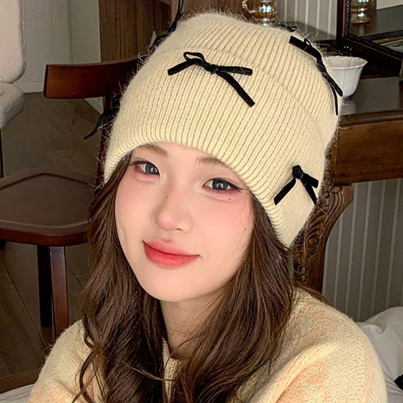 Korean Style Bow Knitted Hat Ear Protection Warm Face Small Wool Hat as the picture