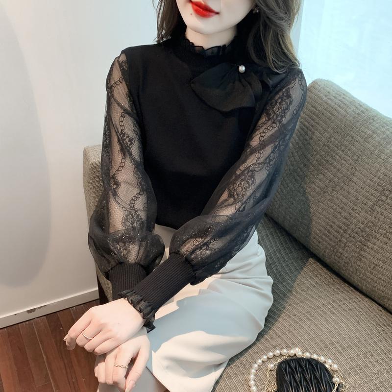 Temperament Spinning Spitze Laterne Ärmeln Gestrickte Pullover Stehkragen Rüschen Bodenbildung Top Weibliche Lange Hülse Knittwear