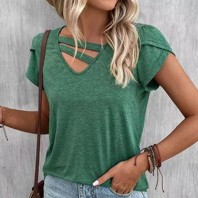 Summer Short Sleeve V Neck Hollow Out Women Solid Color Pullover T Shirt Blouse Top