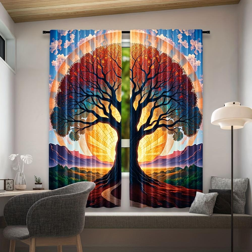 2pcs   Colorful Tree Print Curtains Polyester Rod Pocket Design Light Filtering for Bedroom Living Room Office   Machine Washable