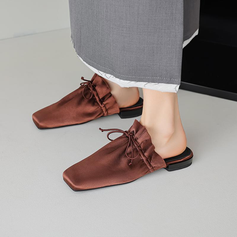 Fashion Retro Leather Covered Toe Slippers Women Low-heel Leisure Soft Leather Mules Female Shoes for Women 2025 Slides Women Sandals