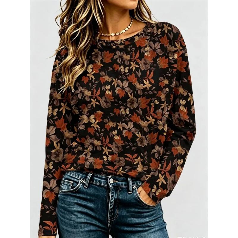 Fashion Women's Crew Neck Long Sleeve 3D Casual Color Printing Casual Long Sleeve Crew Neck T-Shirt