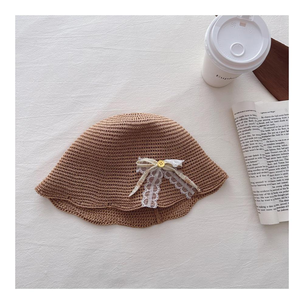 New Summer Kids Sun Hat Sweet Lace Bow Girls Straw Hat with Straps Beach Vacation Children Breathable Fisherman Hat